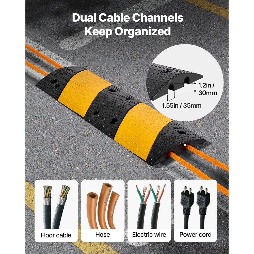 VEVOR 40 in Rubber Speed Bump, 2 Pack, 2 Channel Heavy Duty Traffic Speed Hump, 22000 lbs/Axle Load Capacity, Cable Protector Ramp with Expansion Screws, for Asphalt Concrete Gravel Driveway and Road