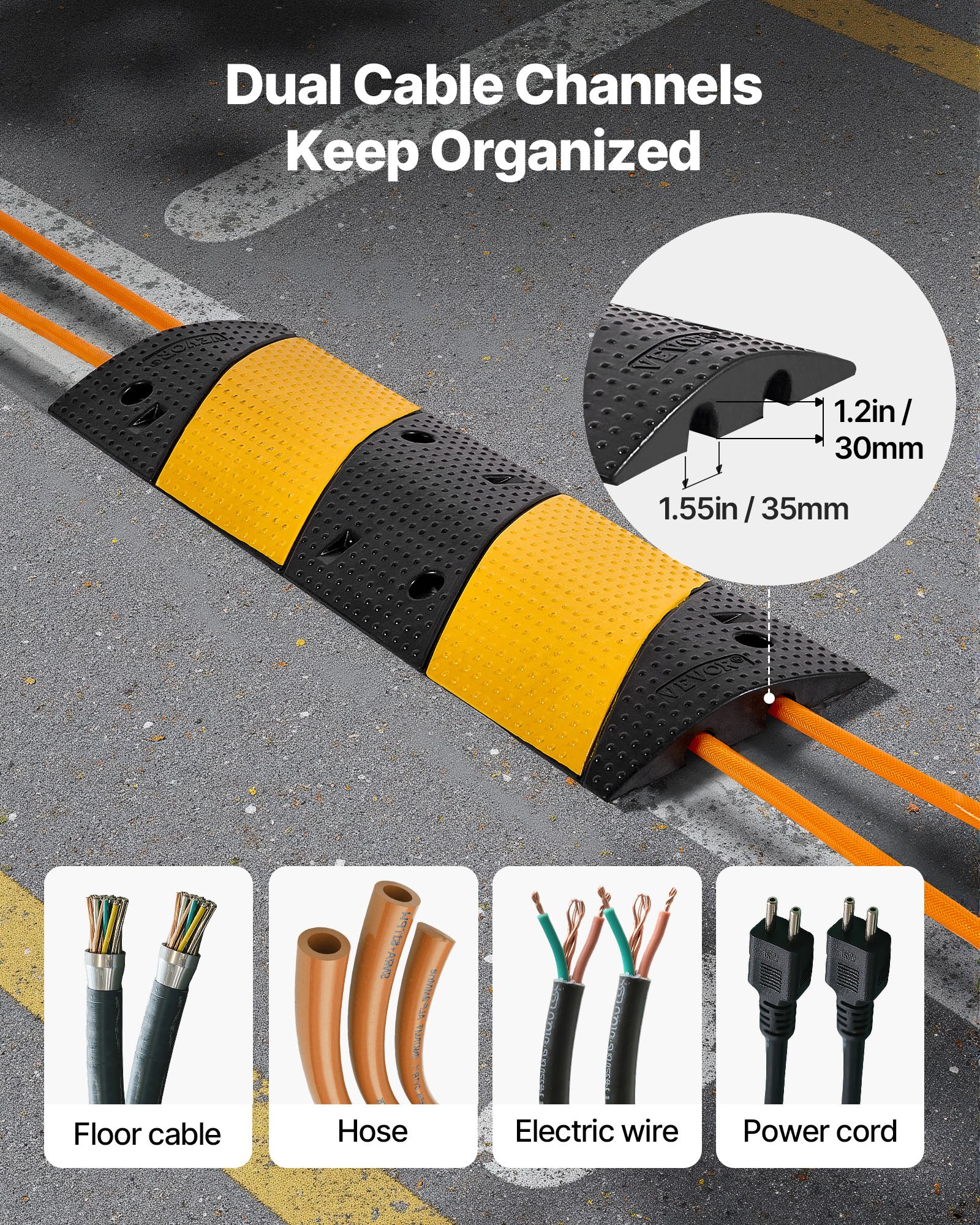 VEVOR 40 in Rubber Speed Bump, 2 Pack, 2 Channel Heavy Duty Traffic Speed Hump, 22000 lbs/Axle Load Capacity, Cable Protector Ramp with Expansion Screws, for Asphalt Concrete Gravel Driveway and Road