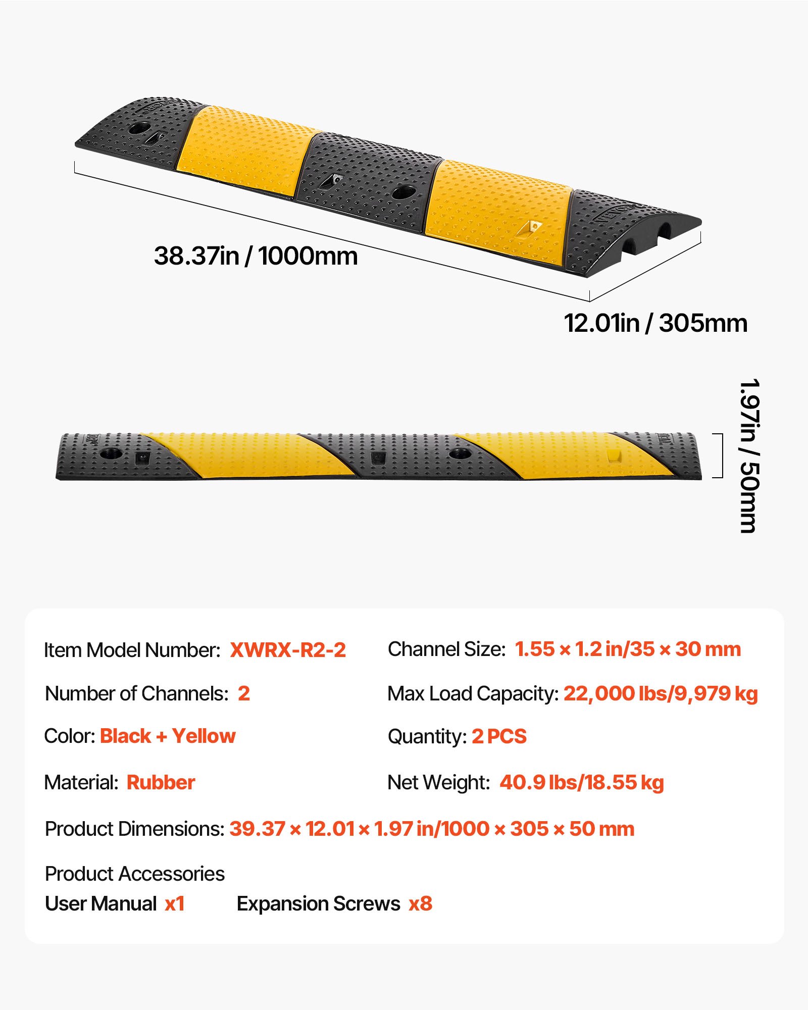 VEVOR 40 in Rubber Speed Bump, 2 Pack, 2 Channel Heavy Duty Traffic Speed Hump, 22000 lbs/Axle Load Capacity, Cable Protector Ramp with Expansion Screws, for Asphalt Concrete Gravel Driveway and Road