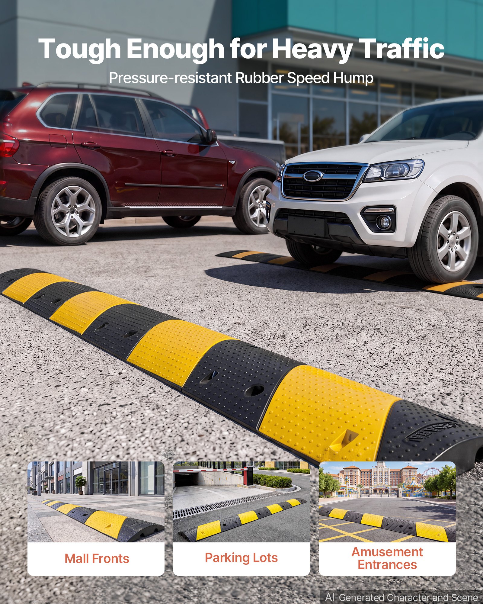 VEVOR 40 in Rubber Speed Bump, 2 Pack, 2 Channel Heavy Duty Traffic Speed Hump, 22000 lbs/Axle Load Capacity, Cable Protector Ramp with Expansion Screws, for Asphalt Concrete Gravel Driveway and Road