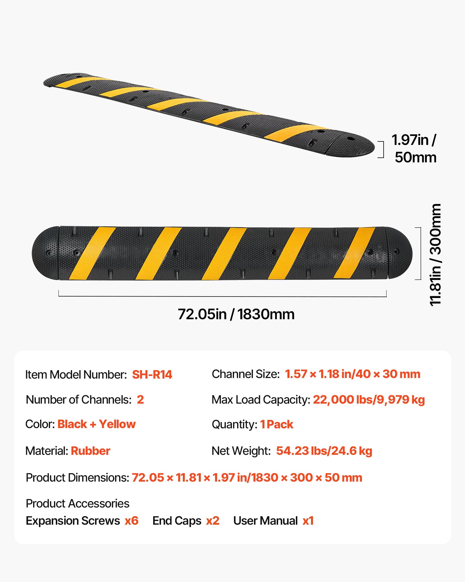 VEVOR 1830MM Rubber Speed Bump, 2 Channel, Heavy Duty Traffic Speed Hump, 9,979 kg/axle Load Capacity, Cable Protector Ramp with Expansion Screws, for Asphalt Concrete Gravel Driveway Road, 1 Pack