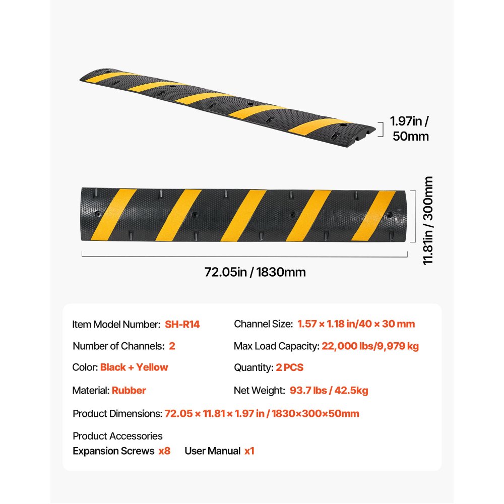VEVOR 1830MM Rubber Speed Bump, 2 Pack, 2 Channel Heavy Duty Traffic Speed Hump, 9,979 kg/Axle Load Capacity, Cable Protector Ramp with Expansion Screws, for Asphalt Concrete Gravel Driveway Road