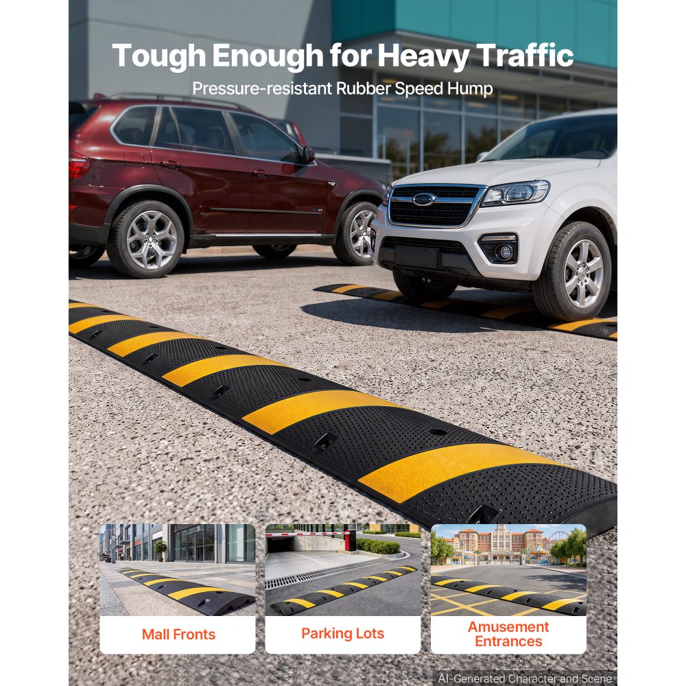 VEVOR 1830MM Rubber Speed Bump, 2 Pack, 2 Channel Heavy Duty Traffic Speed Hump, 9,979 kg/Axle Load Capacity, Cable Protector Ramp with Expansion Screws, for Asphalt Concrete Gravel Driveway Road