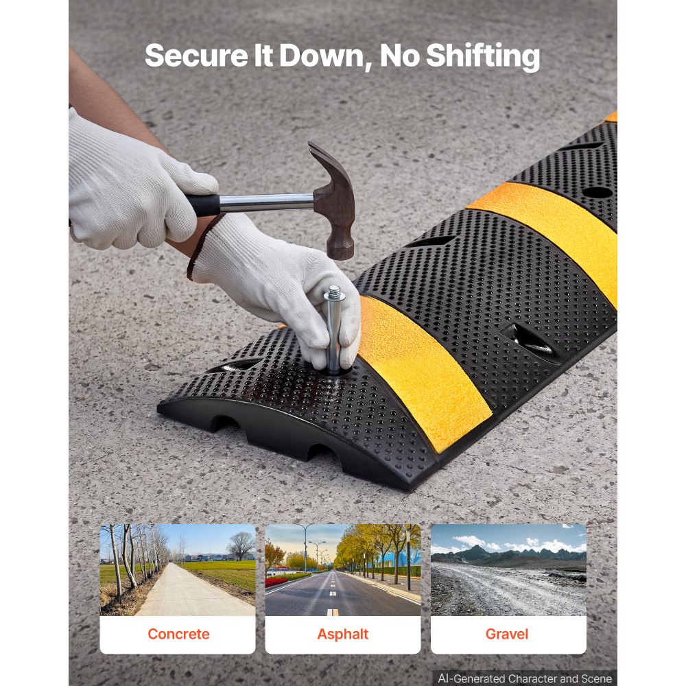 VEVOR 1830MM Rubber Speed Bump, 2 Pack, 2 Channel Heavy Duty Traffic Speed Hump, 9,979 kg/Axle Load Capacity, Cable Protector Ramp with Expansion Screws, for Asphalt Concrete Gravel Driveway Road