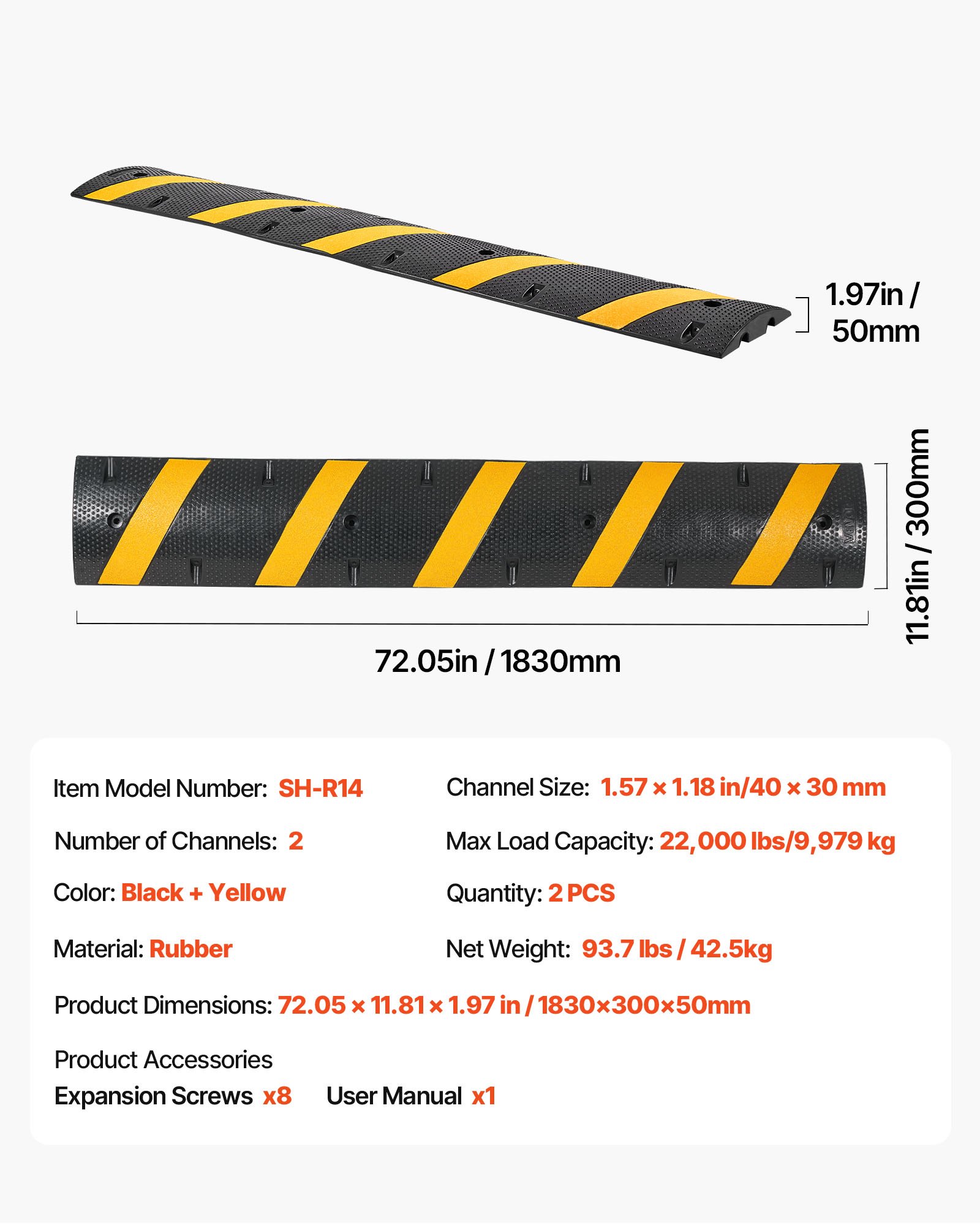 VEVOR 1830MM Rubber Speed Bump, 2 Pack, 2 Channel Heavy Duty Traffic Speed Hump, 9,979 kg/Axle Load Capacity, Cable Protector Ramp with Expansion Screws, for Asphalt Concrete Gravel Driveway Road