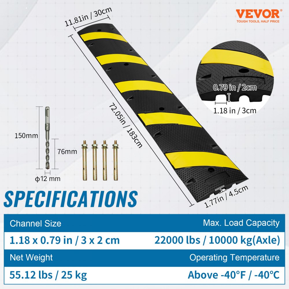 VEVOR Rubber Speed Hump 183 x 30 x 4.5 cm, 2 Channel, 10000 kg Load Capacity Heavy Duty Traffic Speed Bump, with High Reflective Yellow Strip 4 Expansion Screws and 1 Drill, for Asphalt Concrete Gravel Roads