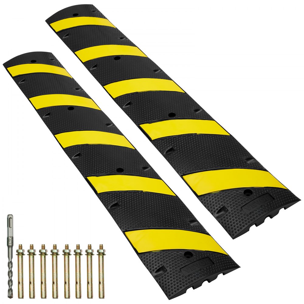 VEVOR rubber speed bump with yellow and black pattern, includes hardware and drill bit.