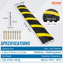 VEVOR 2PCs 6 ft Rubber Speed Hump, 2 Channel, 10000 kg/axle Capacity Heavy Duty Traffic Speed Bump, with High Reflective Yellow Strip 8 Expansion Screws and 1 Drill, for Asphalt Concrete Gravel Roads