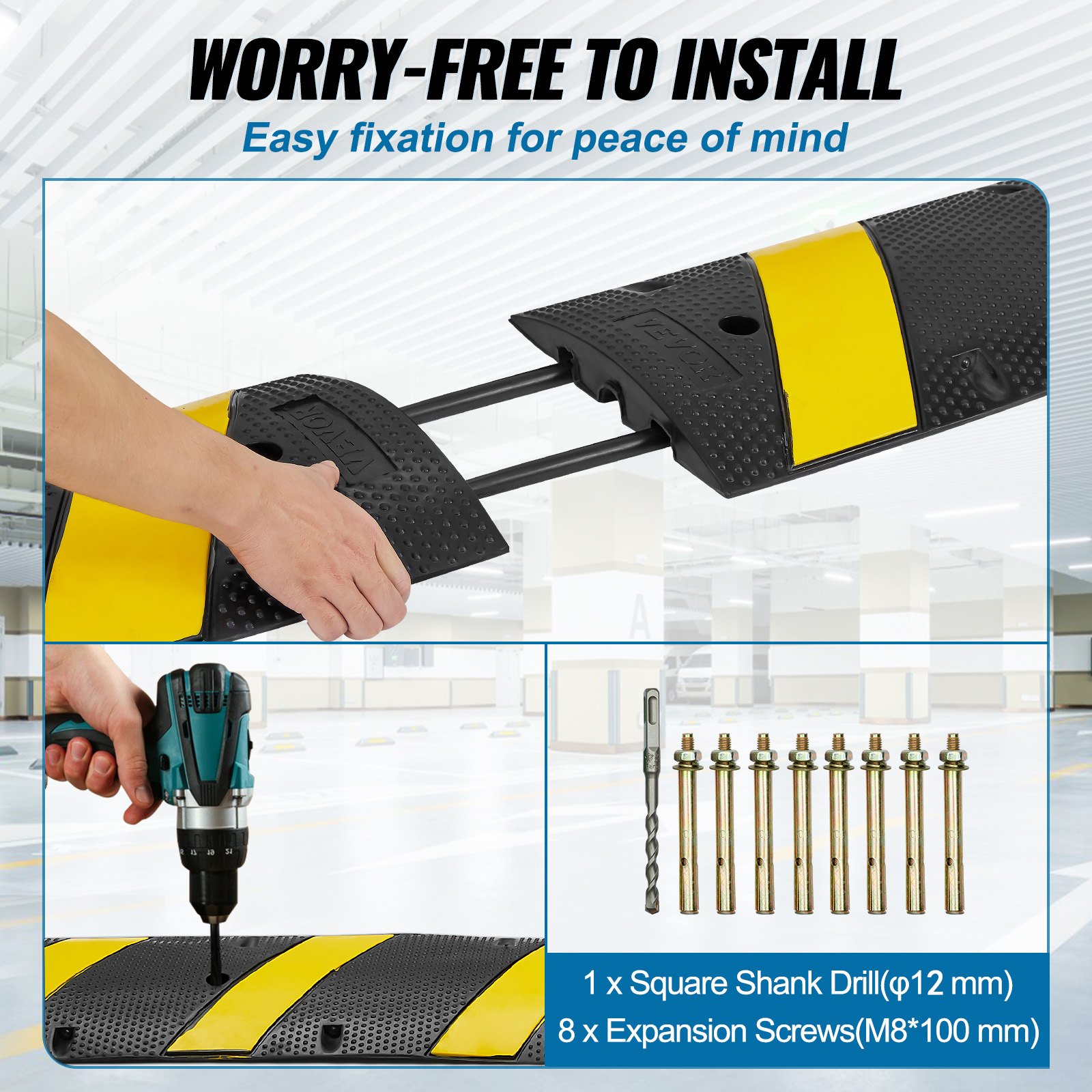 VEVOR 2PCs 6 ft/72'' Rubber Speed Hump, 2 Channel, 22000 lbs Capacity Heavy Duty Traffic Speed Bump, with High Reflective Yellow Strip 8 Expansion Screws and 1 Drill, for Asphalt Concrete Gravel Roads