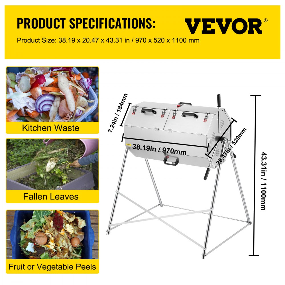 VEVOR Compost Tumbler 125L Dual-chamber Composter Rotating Outdoor Compost Bin
