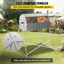 VEVOR Compost Tumbler, 125L / 33 Gallons, Rustproof Stainless Steel Dual-Chamber Garden Composter, Heavy-Duty, All-Season Outdoor Compost Bin, Fast-Working System for Composting Kitchen ＆ Yard Waste