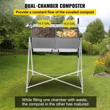 VEVOR Compost Tumbler, 125L / 33 Gallons, Rustproof Stainless Steel Dual-Chamber Garden Composter, Heavy-Duty, All-Season Outdoor Compost Bin, Fast-Working System for Composting Kitchen ＆ Yard Waste