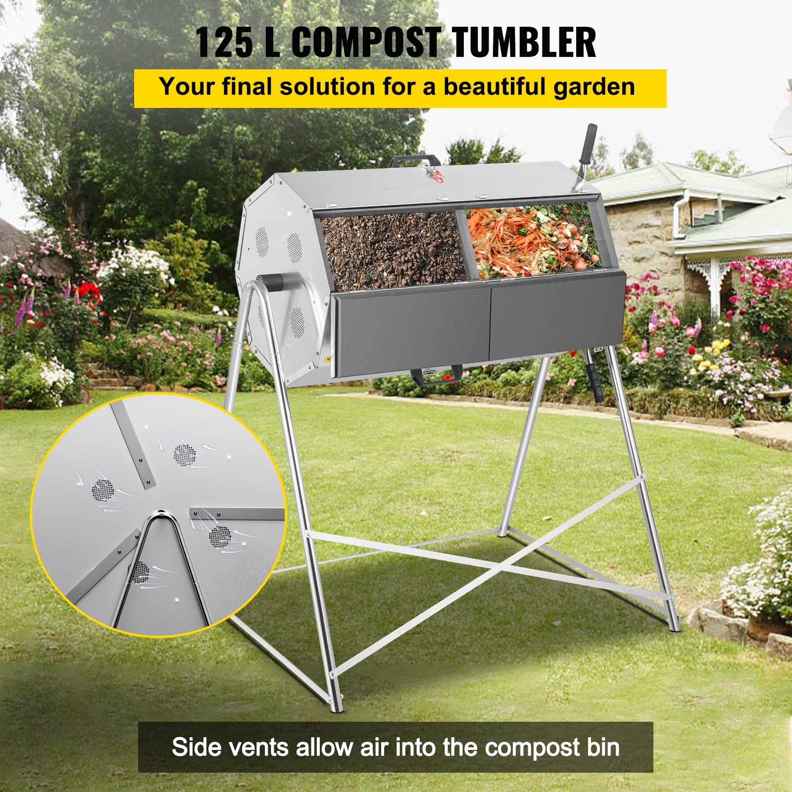 VEVOR Compost Tumbler 125L Dual-chamber Composter Rotating Outdoor Compost Bin