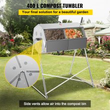 VEVOR Compost Tumbler, 400L/106 US Gallons, Rustproof Stainless Steel Dual-chamber Garden Composter, Heavy-duty, All-season Outdoor Compost Bin, Fast-working System for Composting Kitchen ＆ Yard Waste