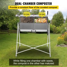 VEVOR Compost Tumbler, 400L / 106 Gal, Rustproof Stainless Steel Dual-Chamber Garden Composter, Heavy-Duty, All-Season Outdoor Compost Bin, Fast-Working System for Composting Kitchen ＆ Yard Waste
