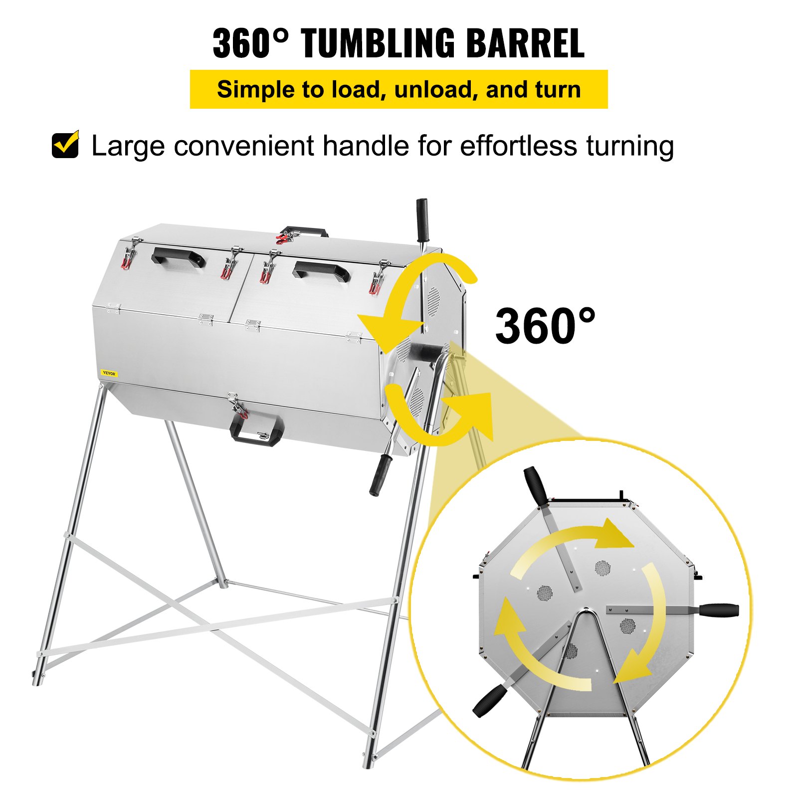 VEVOR Compost Tumbler, 400L / 106 Gal, Rustproof Stainless Steel Dual-Chamber Garden Composter, Heavy-Duty, All-Season Outdoor Compost Bin, Fast-Working System for Composting Kitchen ＆ Yard Waste