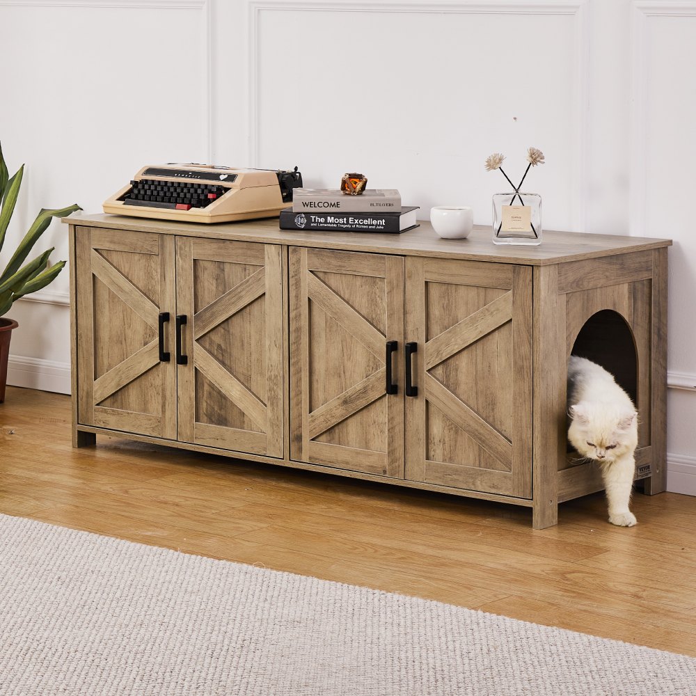 VEVOR Cat Litter Box Enclosure for 2 Cats, Litter Box Furniture Hidden with Double Rooms, Wooden Cat Box Cabinet Fit Most of Litter Box, 47.2"L x 18.5"W x 19.7"H, Greige