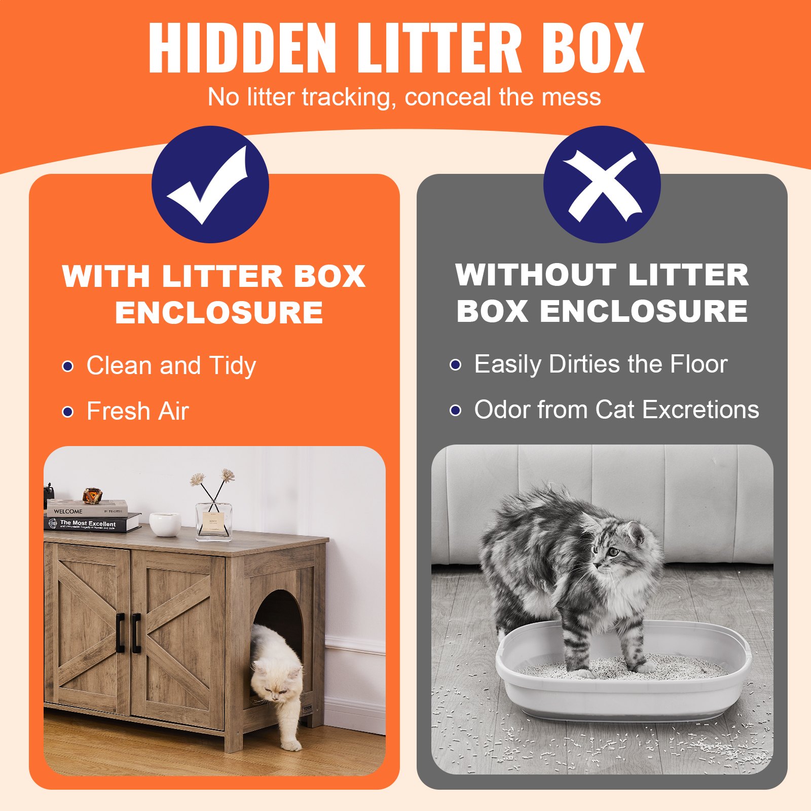 VEVOR Cat Litter Box Enclosure for 2 Cats, Litter Box Furniture Hidden with Double Rooms, Wooden Cat Box Cabinet Fit Most of Litter Box, 47.2"L x 18.5"W x 19.7"H, Greige