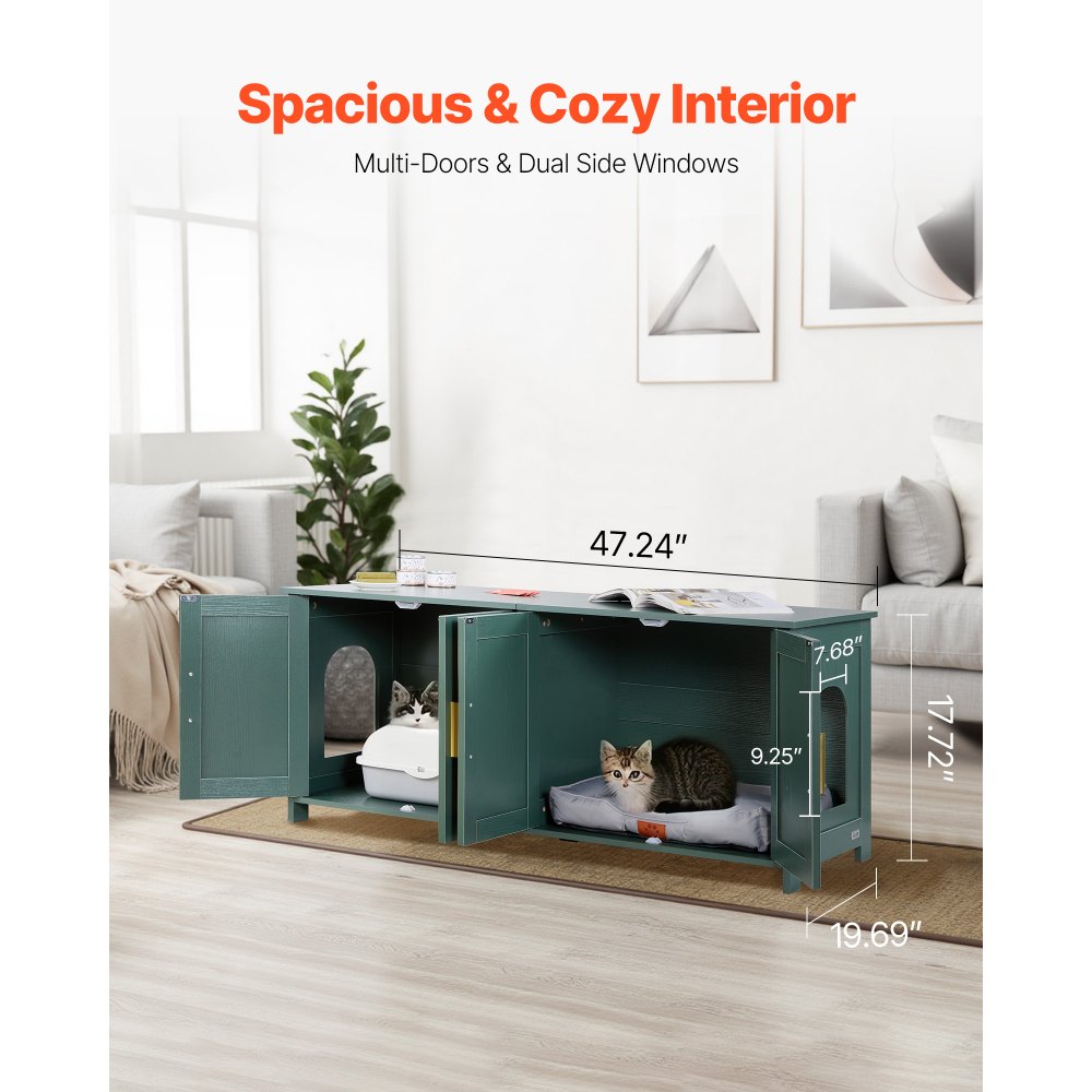 VEVOR Cat Litter Box Enclosure for Multi Cats, 120 cm Hidden Litter Box Cabinet with 4 Rattan Doors & 2 Entries, Indoor Cat Washroom, Wooden Kitty House Furniture, Fit Most Litterboxes, Green