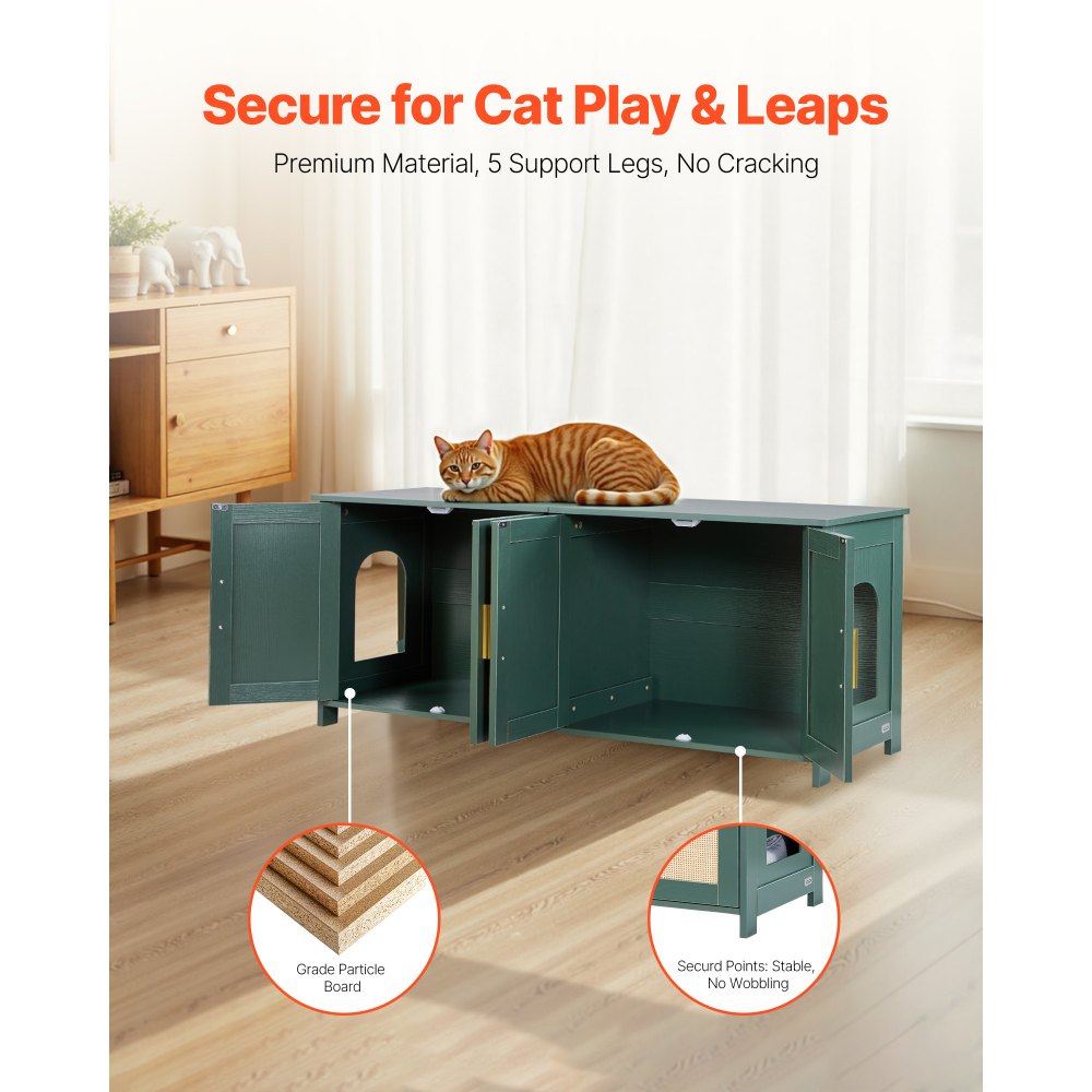 VEVOR Cat Litter Box Enclosure for Multi Cats, 120 cm Hidden Litter Box Cabinet with 4 Rattan Doors & 2 Entries, Indoor Cat Washroom, Wooden Kitty House Furniture, Fit Most Litterboxes, Green