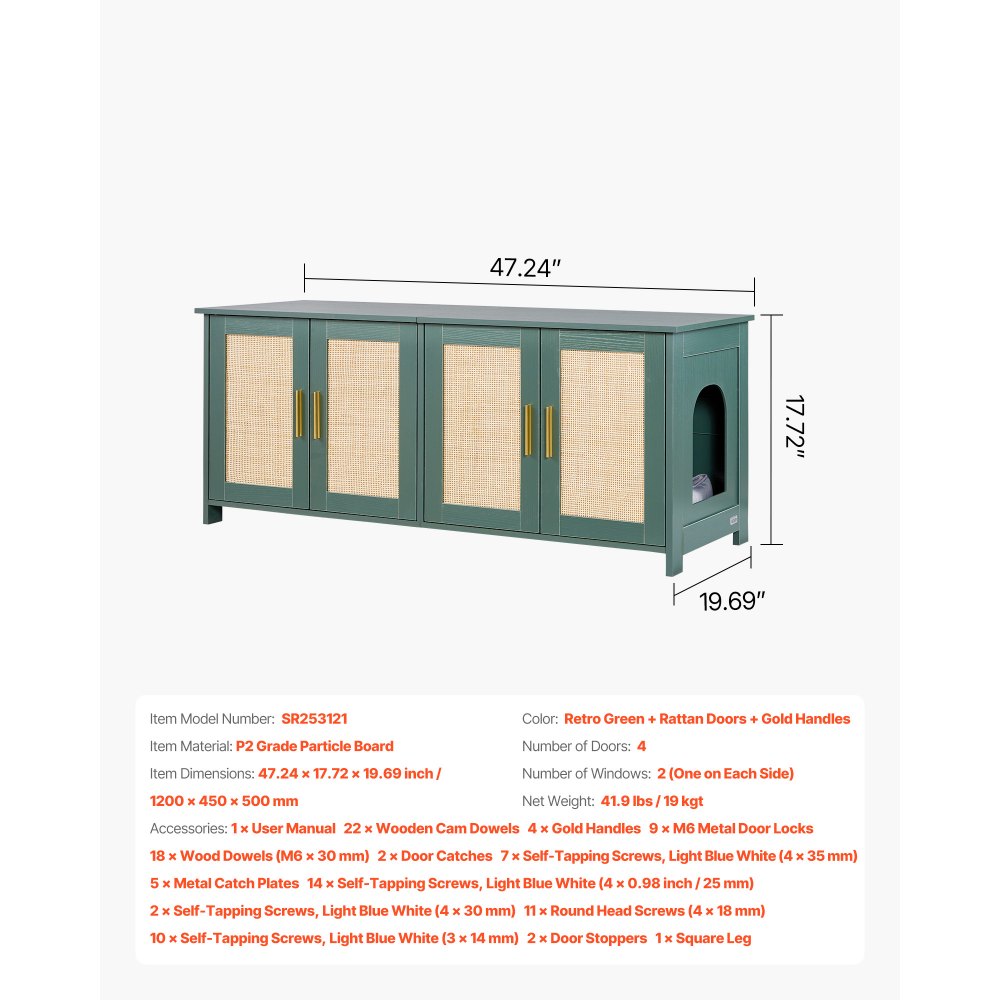 VEVOR Cat Litter Box Enclosure for Multi Cats, 120 cm Hidden Litter Box Cabinet with 4 Rattan Doors & 2 Entries, Indoor Cat Washroom, Wooden Kitty House Furniture, Fit Most Litterboxes, Green