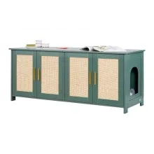 VEVOR Cat Litter Box Enclosure for Multi Cats, 47.2 in Hidden Litter Box Cabinet with 4 Rattan Doors & 2 Entries, Indoor Cat Washroom, Wooden Kitty House Furniture, Fit Most Litterboxes, Green