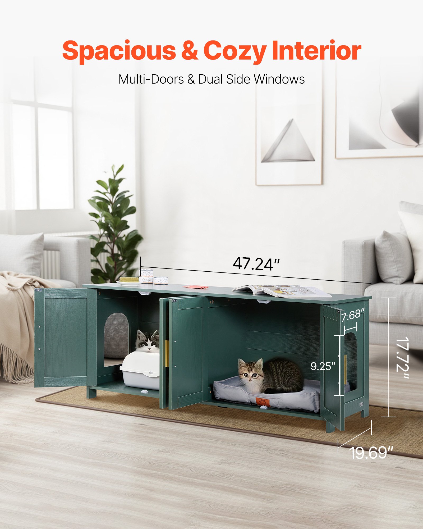 VEVOR Cat Litter Box Enclosure for Multi Cats, 120 cm Hidden Litter Box Cabinet with 4 Rattan Doors & 2 Entries, Indoor Cat Washroom, Wooden Kitty House Furniture, Fit Most Litterboxes, Green