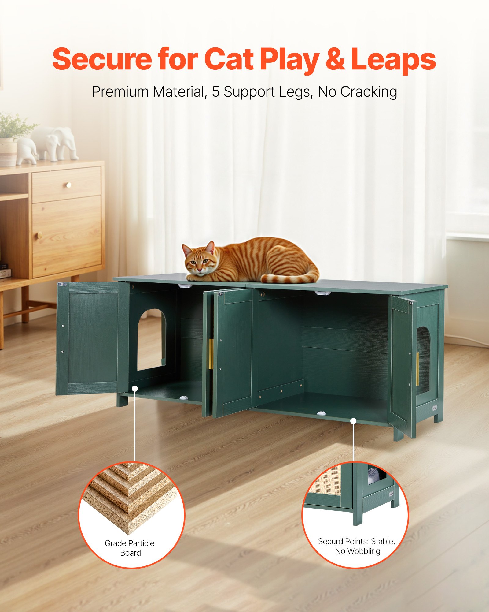 VEVOR Cat Litter Box Enclosure for Multi Cats, 120 cm Hidden Litter Box Cabinet with 4 Rattan Doors & 2 Entries, Indoor Cat Washroom, Wooden Kitty House Furniture, Fit Most Litterboxes, Green