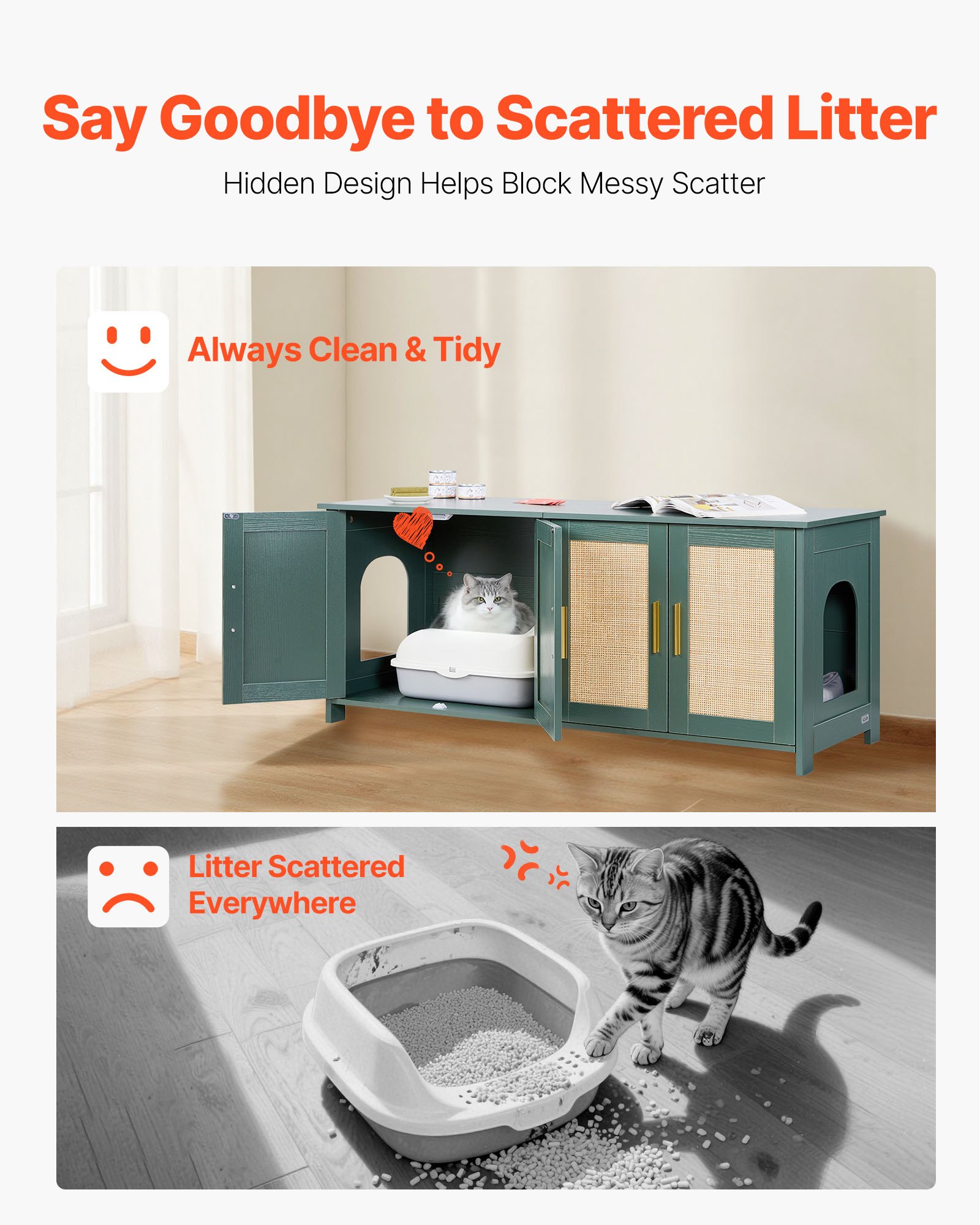 VEVOR Cat Litter Box Enclosure for Multi Cats, 120 cm Hidden Litter Box Cabinet with 4 Rattan Doors & 2 Entries, Indoor Cat Washroom, Wooden Kitty House Furniture, Fit Most Litterboxes, Green