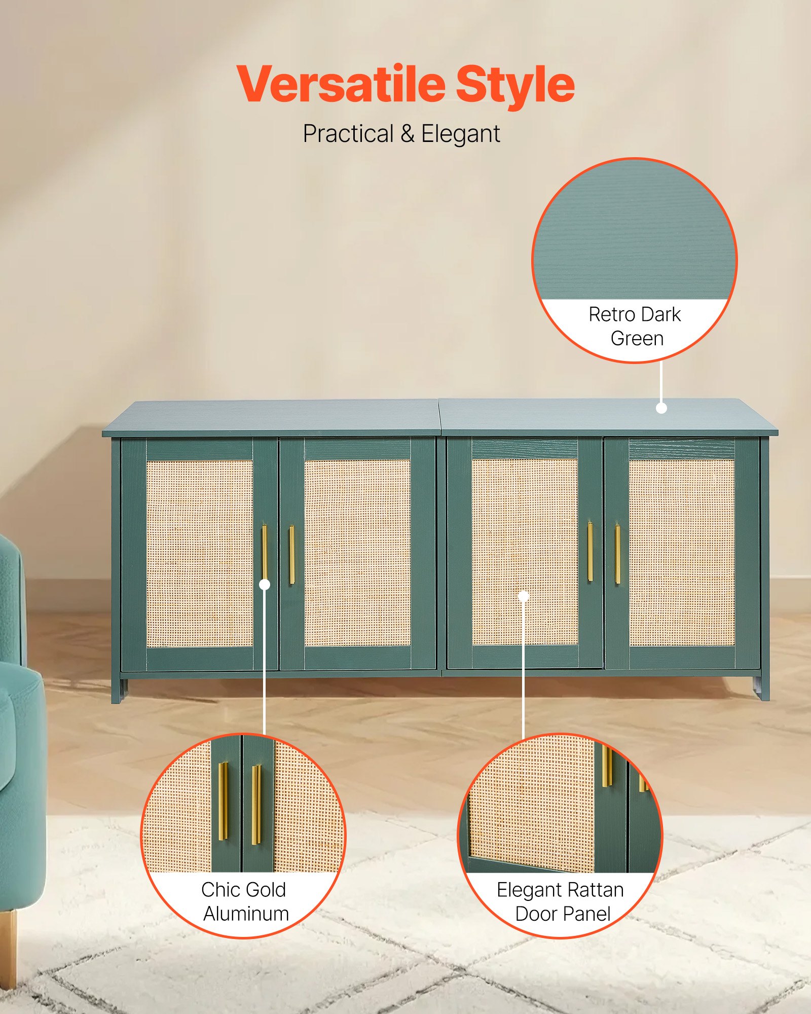 VEVOR Cat Litter Box Enclosure for Multi Cats, 120 cm Hidden Litter Box Cabinet with 4 Rattan Doors & 2 Entries, Indoor Cat Washroom, Wooden Kitty House Furniture, Fit Most Litterboxes, Green