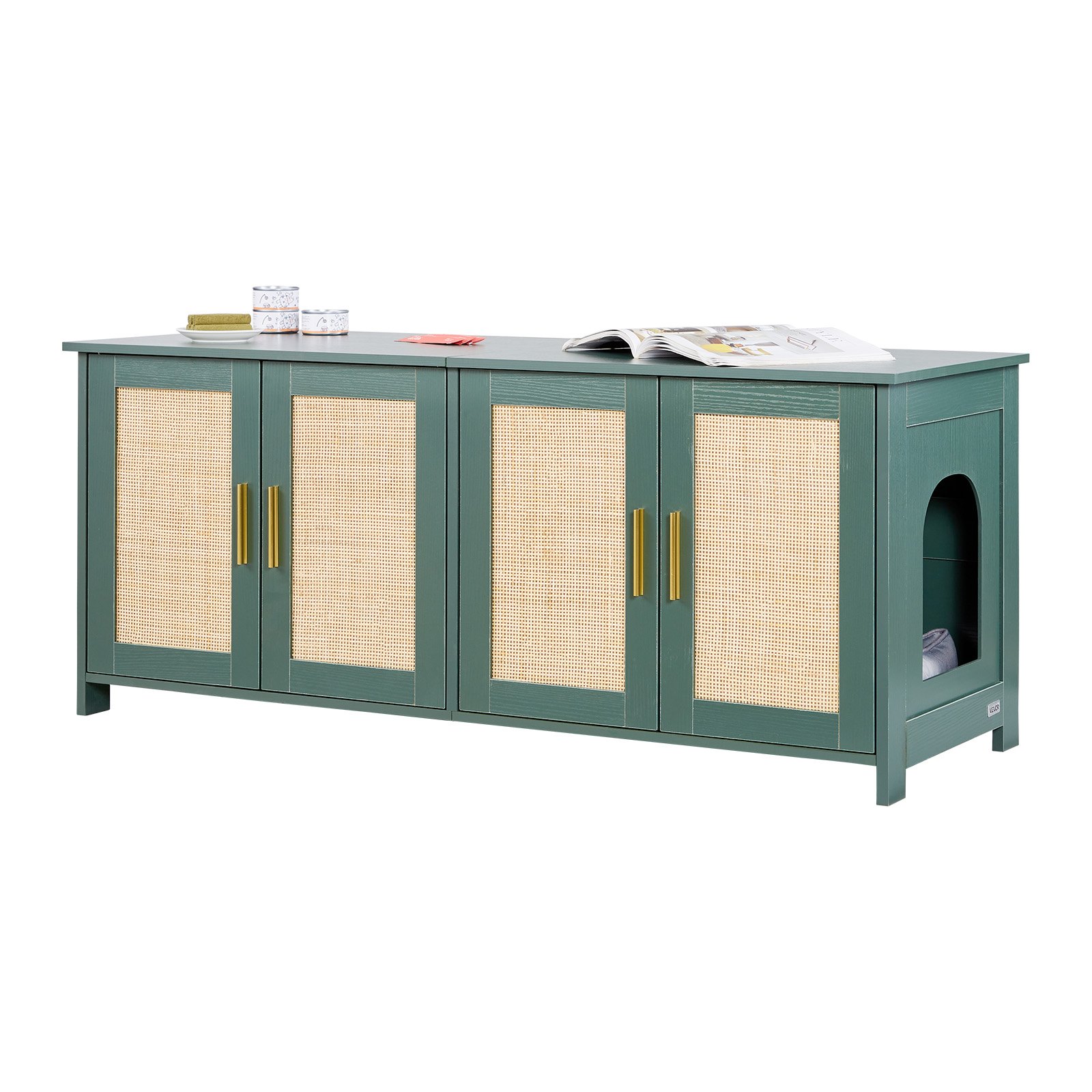 VEVOR Cat Litter Box Enclosure for Multi Cats, 120 cm Hidden Litter Box Cabinet with 4 Rattan Doors & 2 Entries, Indoor Cat Washroom, Wooden Kitty House Furniture, Fit Most Litterboxes, Green
