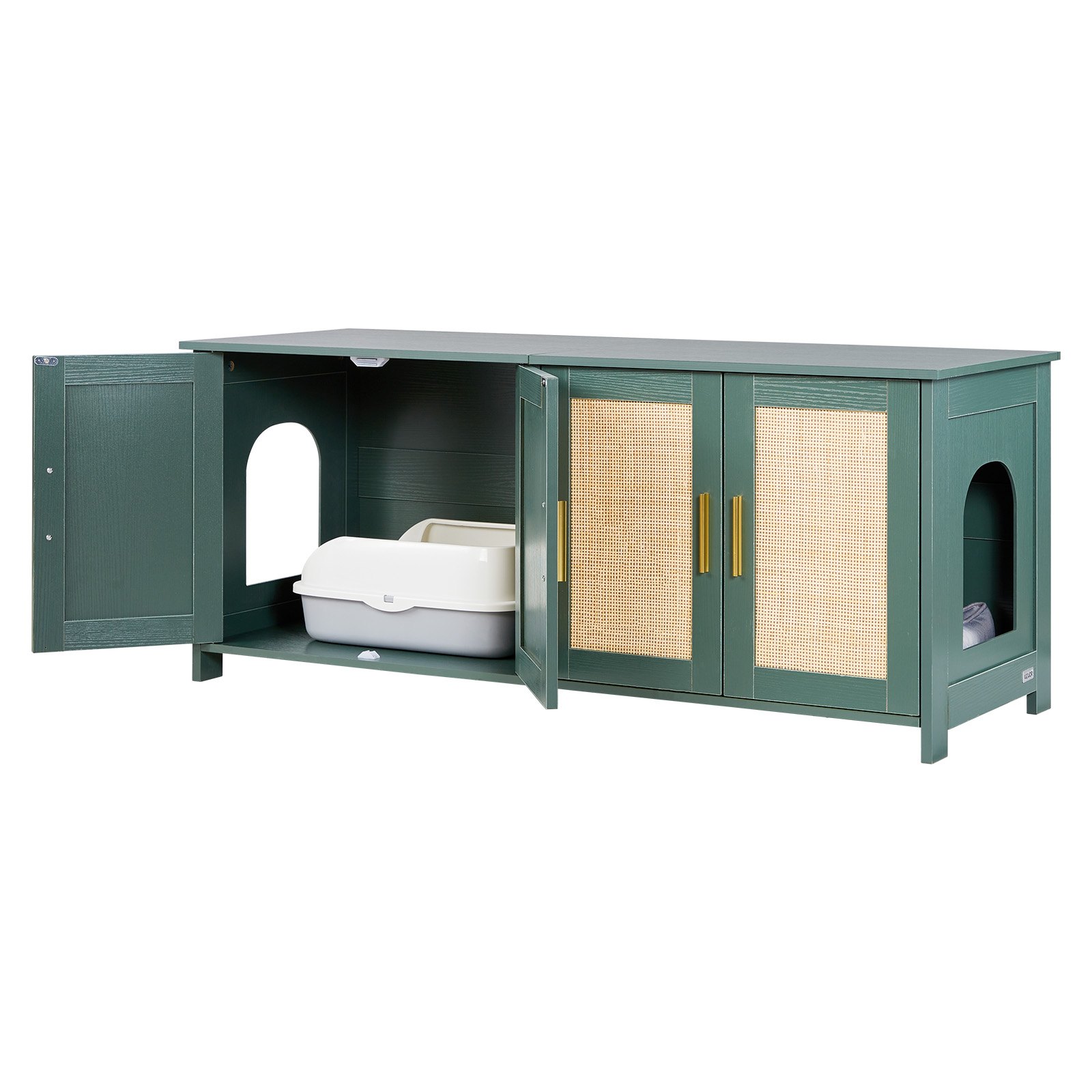 VEVOR Cat Litter Box Enclosure for Multi Cats, 120 cm Hidden Litter Box Cabinet with 4 Rattan Doors & 2 Entries, Indoor Cat Washroom, Wooden Kitty House Furniture, Fit Most Litterboxes, Green