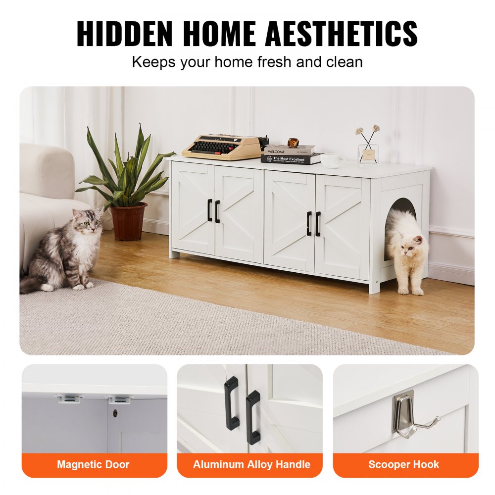 VEVOR Cat Litter Box Enclosure for 2 Cats, Litter Box Furniture Hidden with Double Rooms, Wooden Cat Box Cabinet Fit Most of Litter Box, 47.2"L x 18.5"W x 19.7"H, White