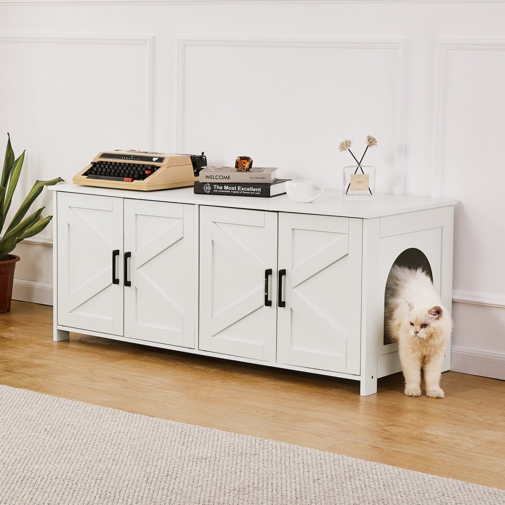 VEVOR Cat Litter Box Enclosure for 2 Cats, Litter Box Furniture Hidden with Double Rooms, Wooden Cat Box Cabinet Fit Most of Litter Box, 47.2"L x 18.5"W x 19.7"H, White