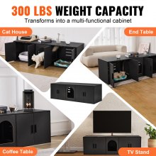 VEVOR Cat Litter Box Enclosure for 2 Cats, 147 cm Hidden Litter Furniture, Double Room Large Cat Washroom Cabinet, Indoor Wooden Pet House TV Stand Side Table, Fit Most of Litterbox, Black