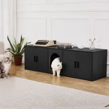 VEVOR Cat Litter Box Enclosure for 2 Cats, 147 cm Hidden Litter Furniture, Double Room Large Cat Washroom Cabinet, Indoor Wooden Pet House TV Stand Side Table, Fit Most of Litterbox, Black