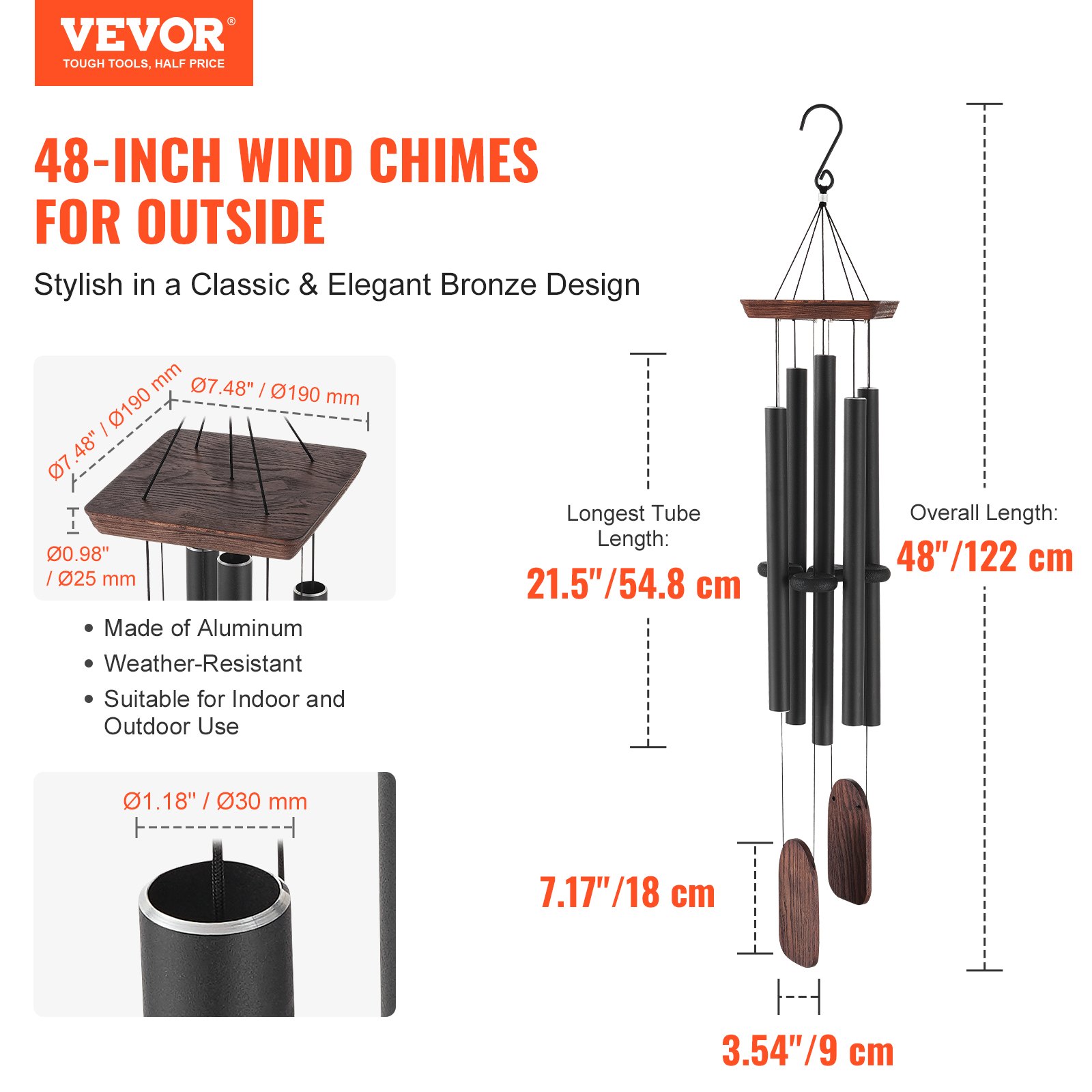 VEVOR Wind Chimes for Outside, 1220 mm, Deep Tone Wind Chimes with 5 Tubes, Unique Large Memorial Wind Chimes for Anniversary, Amazing Outdoor Decor for Your Patio, Porch, Garden and Backyard, Black