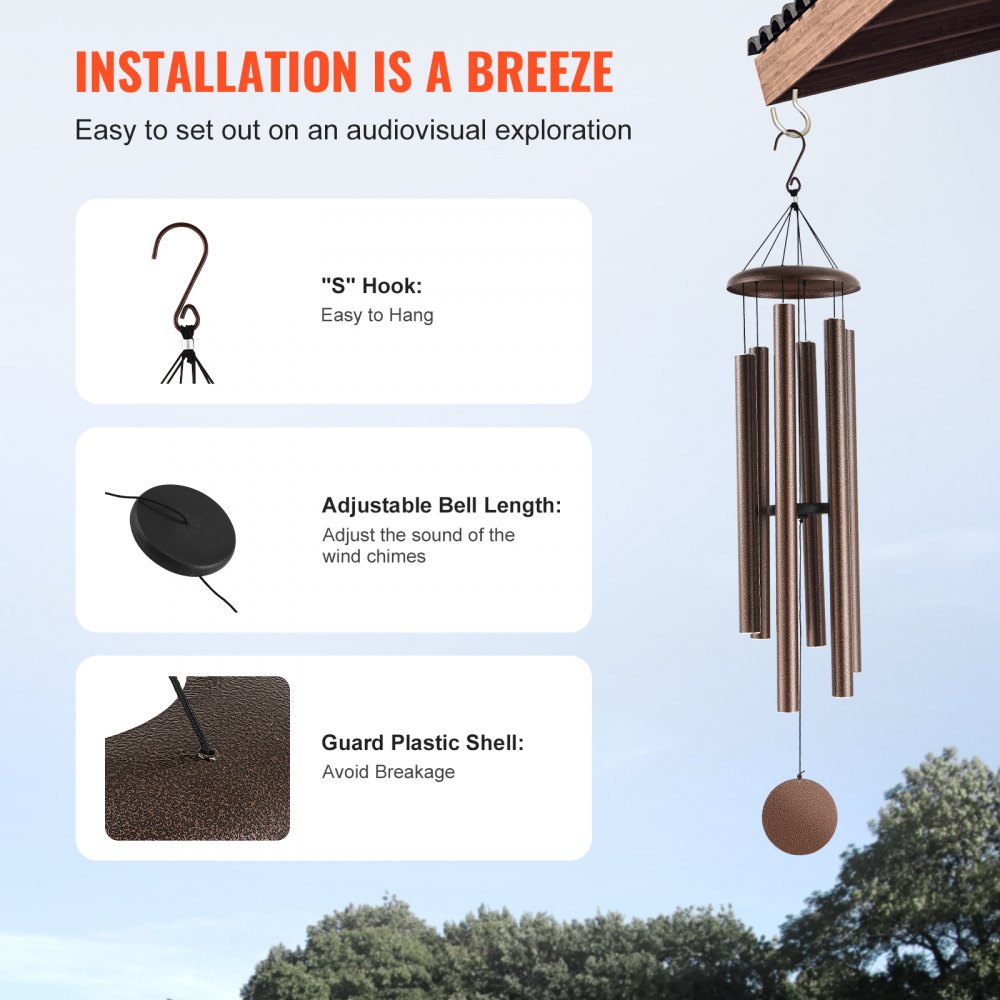 VEVOR Wind Chimes for Outside, 50", Deep Tone Wind Chimes with 6 Tubes, Unique Large Memorial Wind Chimes for Anniversary, Amazing Outdoor Decor for Your Patio, Porch, Garden and Backyard, Copper Vein