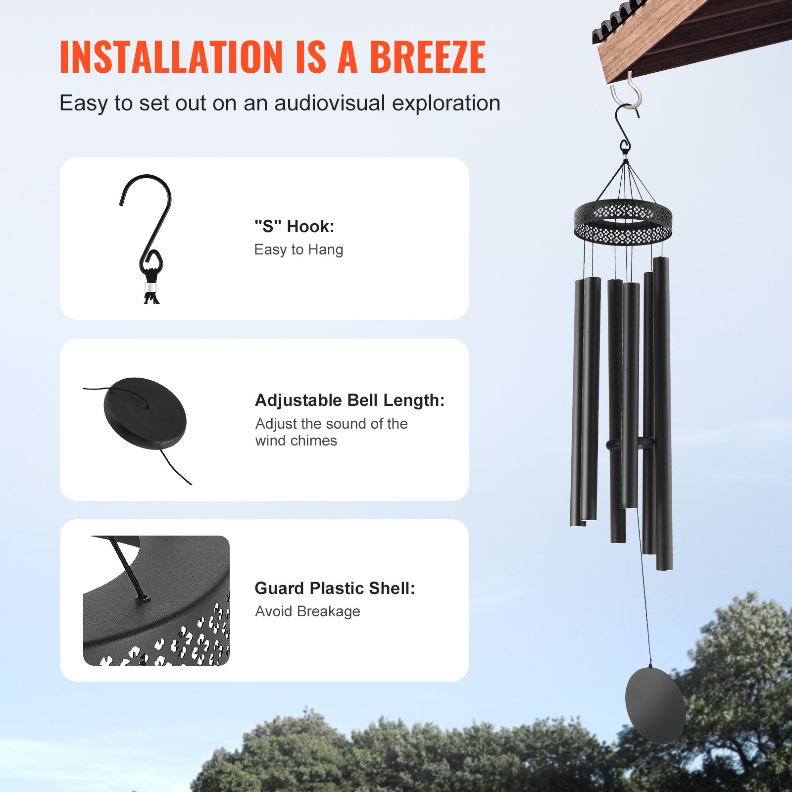 VEVOR Wind Chimes for Outside, 1473 mm, Deep Tone Wind Chimes with 6 Tubes, Unique Large Memorial Wind Chimes for Anniversary, Amazing Outdoor Decor for Your Patio, Porch, Garden and Backyard, Black