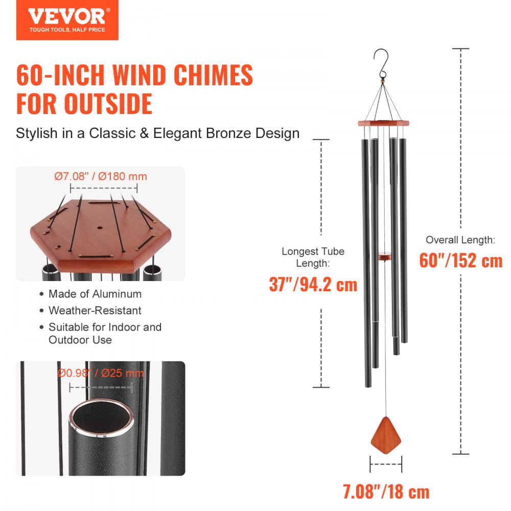 VEVOR Wind Chimes for Outside, 60 in, Deep Tone Wind Chimes with 6 Tubes, Unique Large Memorial Wind Chimes for Anniversary, Amazing Outdoor Decor for Your Patio, Porch, Garden and Backyard, Black