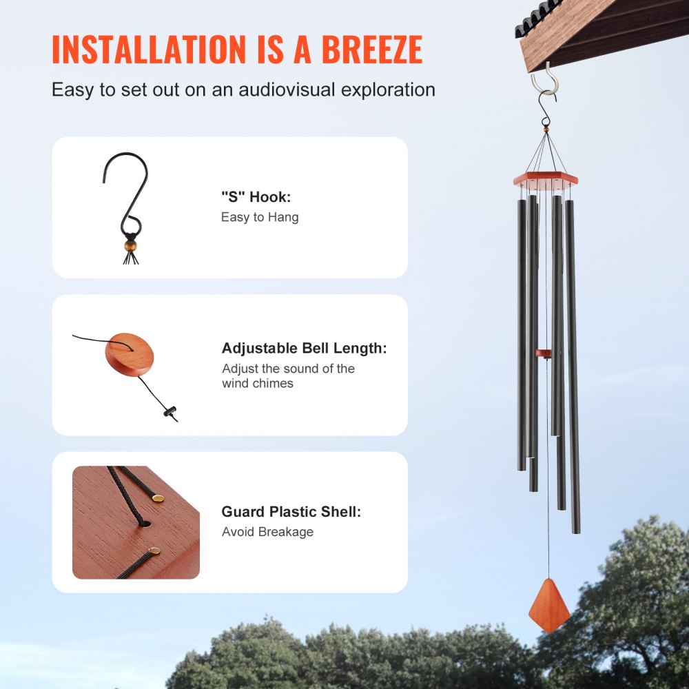 VEVOR Wind Chimes for Outside, 60 in, Deep Tone Wind Chimes with 6 Tubes, Unique Large Memorial Wind Chimes for Anniversary, Amazing Outdoor Decor for Your Patio, Porch, Garden and Backyard, Black
