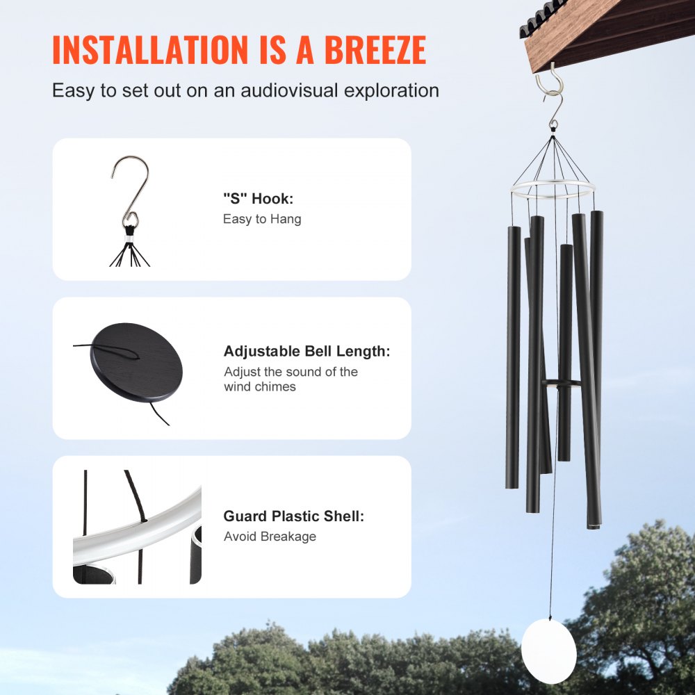 VEVOR Wind Chimes for Outside, 66 in, Deep Tone Wind Chimes with 6 Tubes, Unique Large Memorial Wind Chimes for Anniversary, Amazing Outdoor Decor for Your Patio, Porch, Garden and Backyard, Black