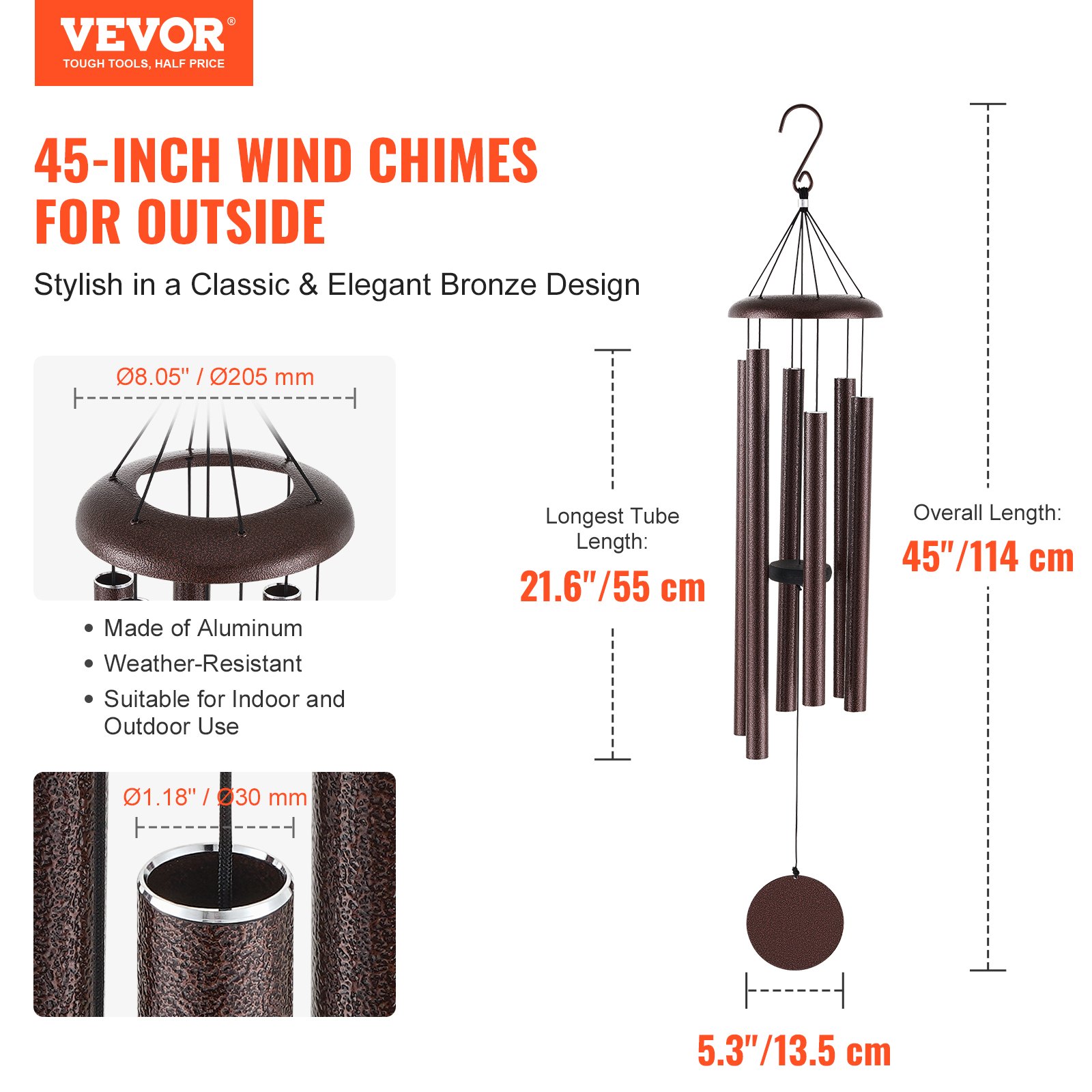 VEVOR Wind Chimes for Outside, 1143 mm, Deep Tone Wind Chimes with 6 Tubes, Unique Large Memorial Wind Chimes for Anniversary, Amazing Outdoor Decor for Your Patio, Porch, Garden and Backyard, Bronze