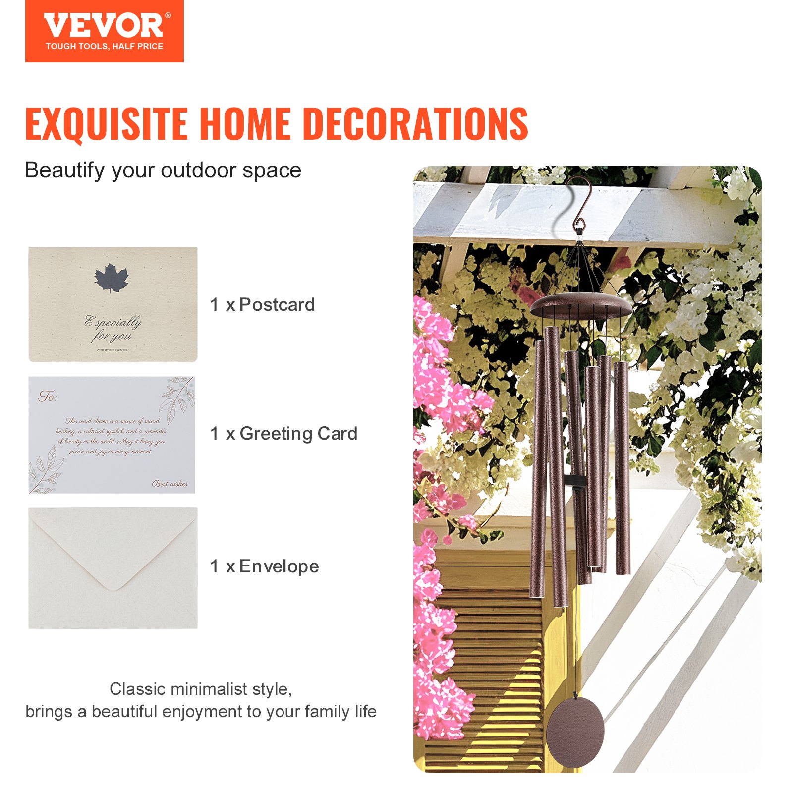 VEVOR Wind Chimes for Outside, 1143 mm, Deep Tone Wind Chimes with 6 Tubes, Unique Large Memorial Wind Chimes for Anniversary, Amazing Outdoor Decor for Your Patio, Porch, Garden and Backyard, Bronze