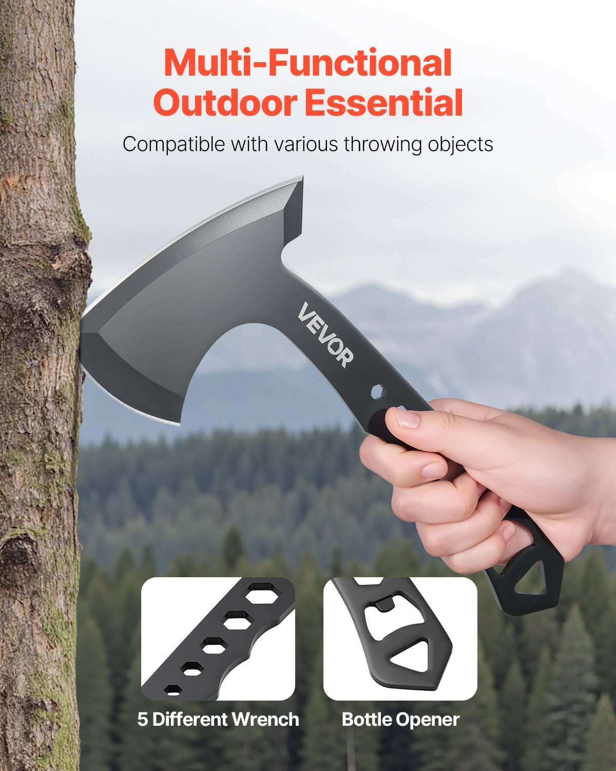 VEVOR Throwing Axes and Tomahawks, 3 Pack Axe Throwing Hatchet Set, Multi-Functional Handle with Wrench and Bottle Opener, Stainless Steel, with Black Nylon Sheath, for Recreation and Competition