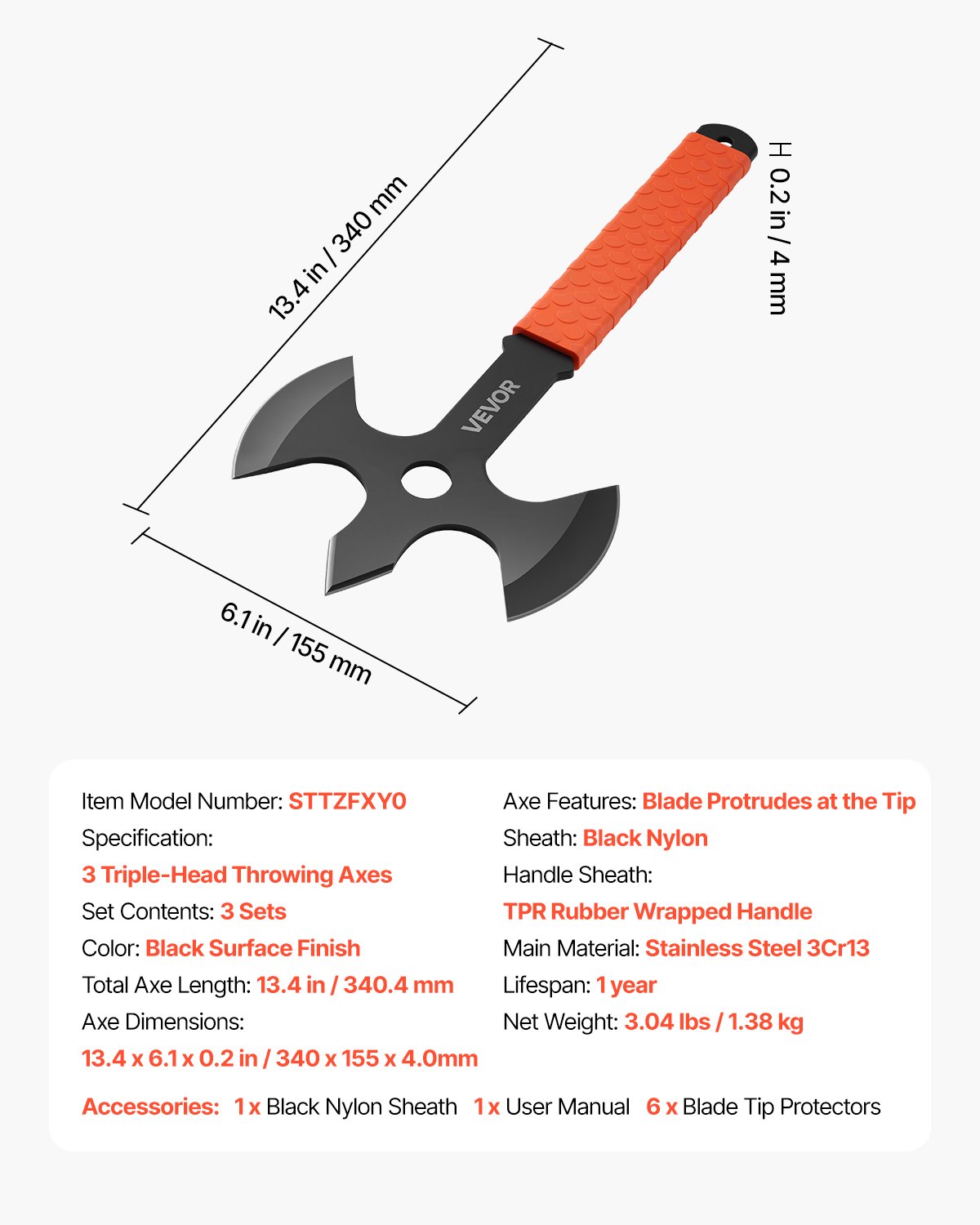 VEVOR Throwing Axes and Tomahawks, 3 Pack 340.4 mm Triple Edge Axe Throwing Hatchet Set, Stainless Steel Head with Non-Slip TPR Rubber Handle, with Black Nylon Sheath, for Recreation and Competition