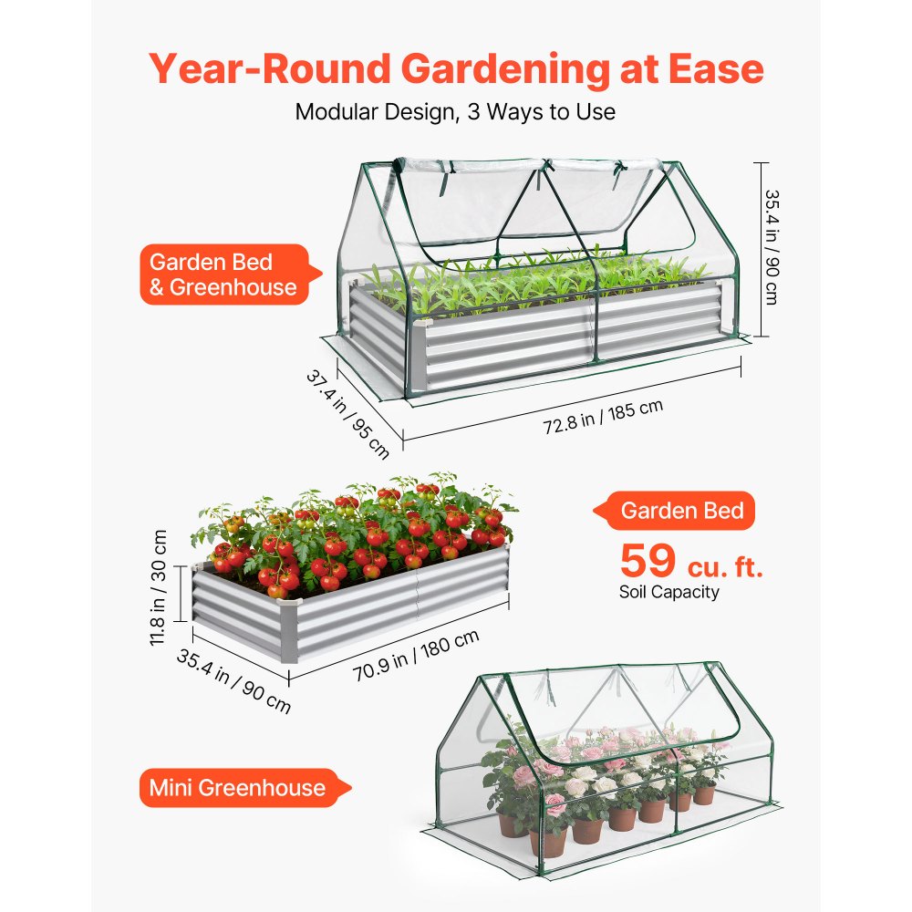 VEVOR Raised Garden Bed with Cover, 6 x 3 x 1 ft, Rectangular Galvanized Metal Planter Box Kit Outdoor, with PE Greenhouse Cover & Gloves, Rustproof Alu-Zinc, for Growing Flowers Vegetables, Silver
