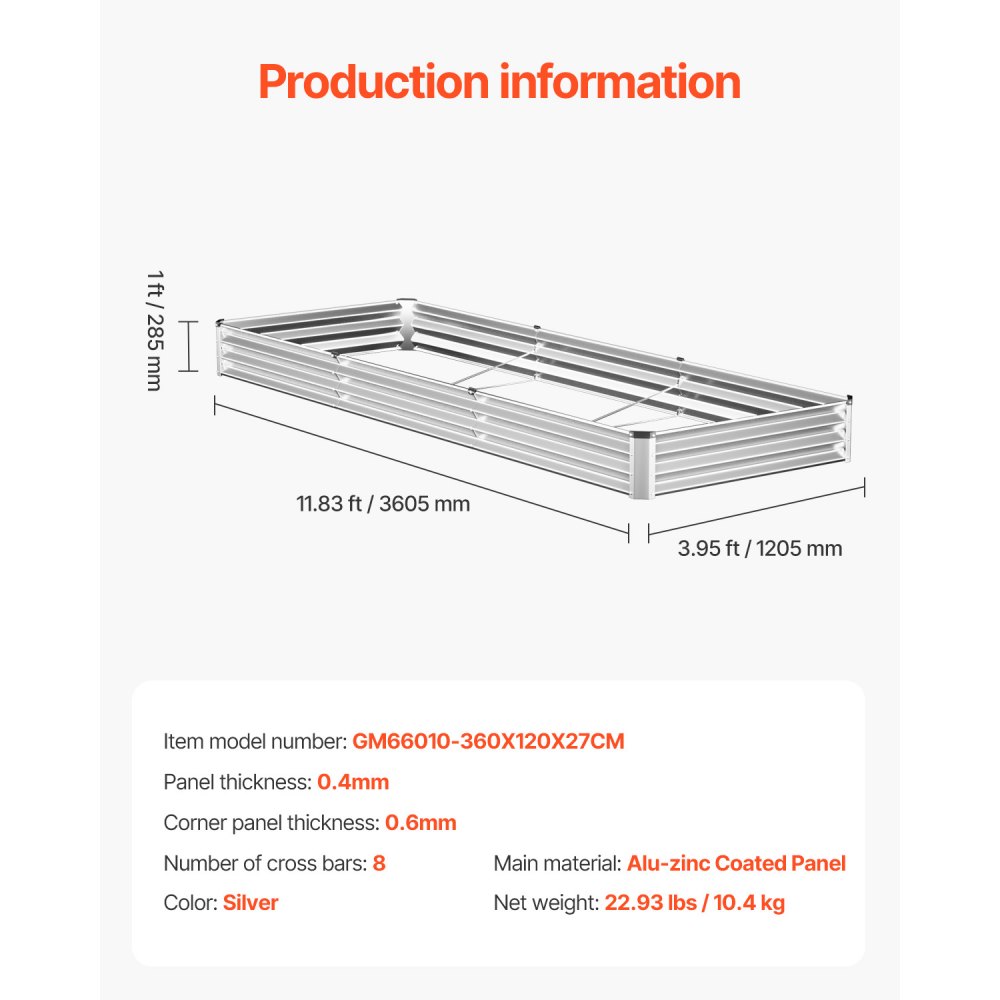 VEVOR Metal Raised Garden Bed, 12 x 4 x 1 ft Outdoor Galvanized Planter Box, with Open Bottom, Large Planter Raised Bed for Gardening Vegetables, Flowers, Herbs, and Succulent Plants, Silver