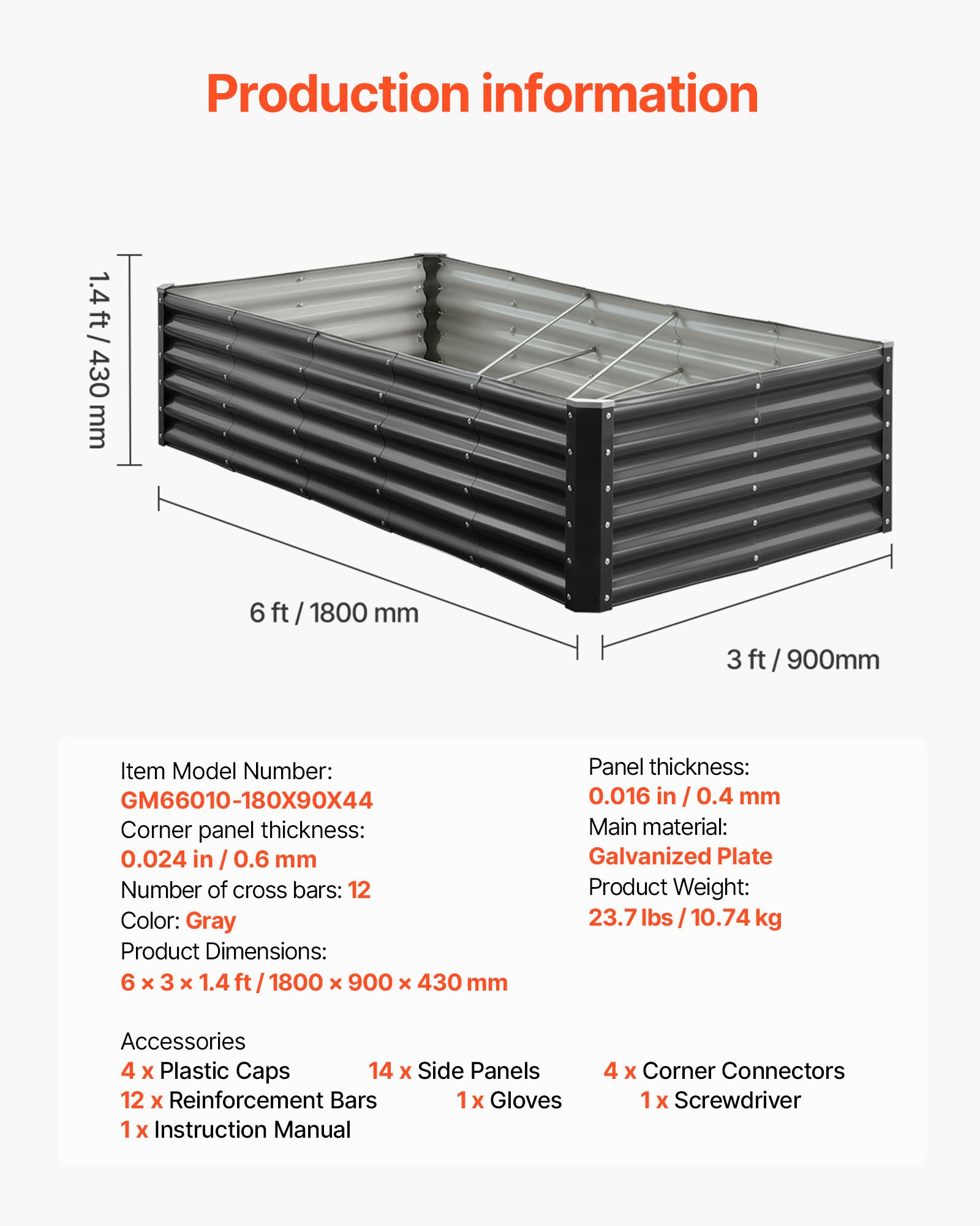 VEVOR Metal Raised Garden Bed, 1.8 x 0.9 x 0.4 m Outdoor Galvanized Planter Garden Box, Open Bottom Design, Large Planter Raised Bed for Growing Vegetables, Flowers, Herbs, and Succulents, Dark Gray