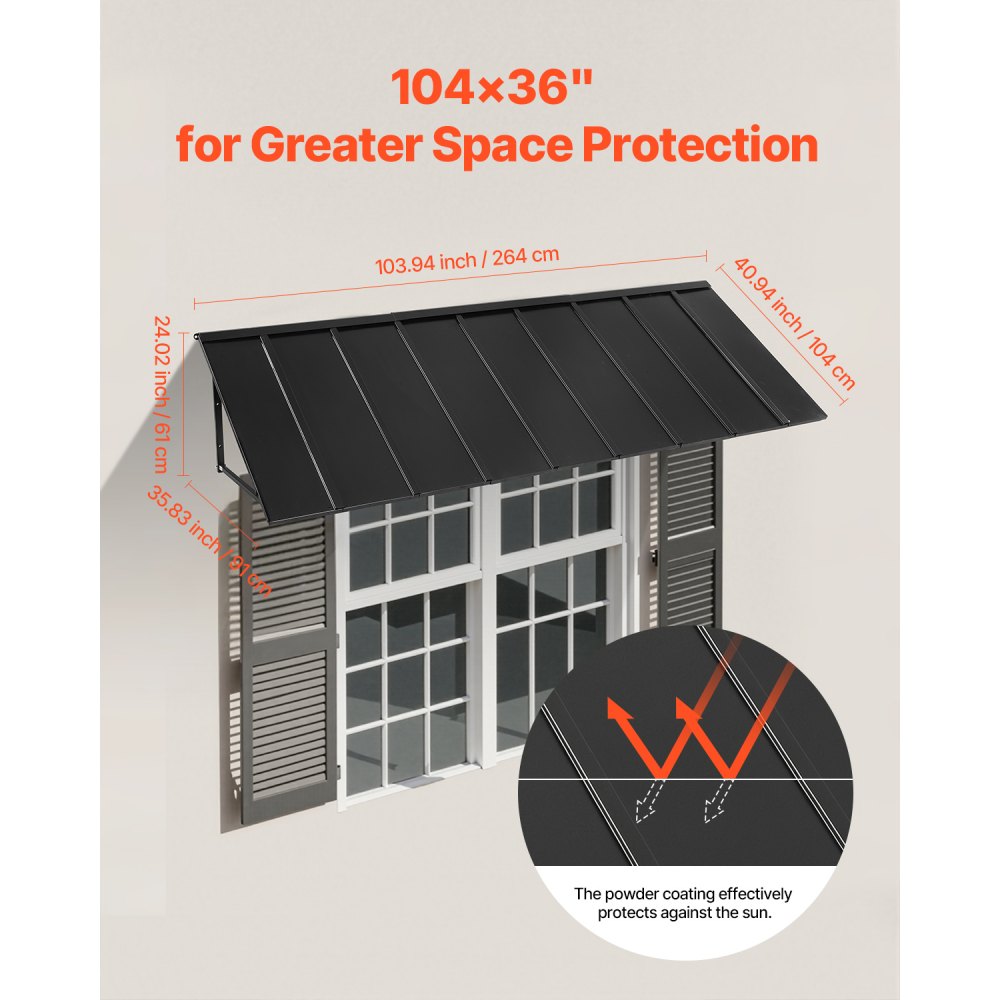 VEVOR Fixed Metal Awning 2641 × 910 mm, Window Awning Door Canopy, Stable Triangle Steel Frame Awnings for Doors Exterior Rain, Snow & Sunlight Protection for Door Entrance, Windows, Porches, Balconies